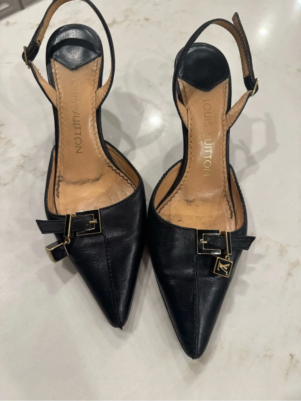Vintage Louis Vuitton Black Pointed Leather Flats with Gold LV Charm